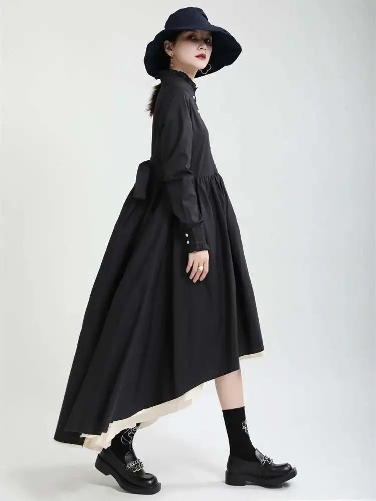 Women Black Layers Irregular Long Elegant Dress New Stand Collar Long Sleeve Fashion Tide Spring Autumn 2025 1DH9894