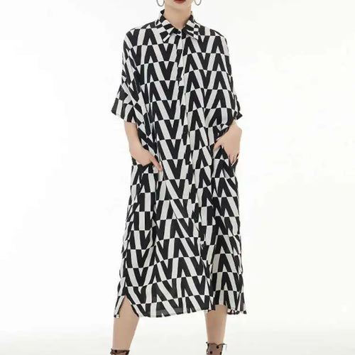 Load image into Gallery viewer, Women Black Pattern Printed Big Size Long Shirt Dress New Lapel Half Sleeve Loose Fit Fashion Spring Summer 2025 1DE9944
