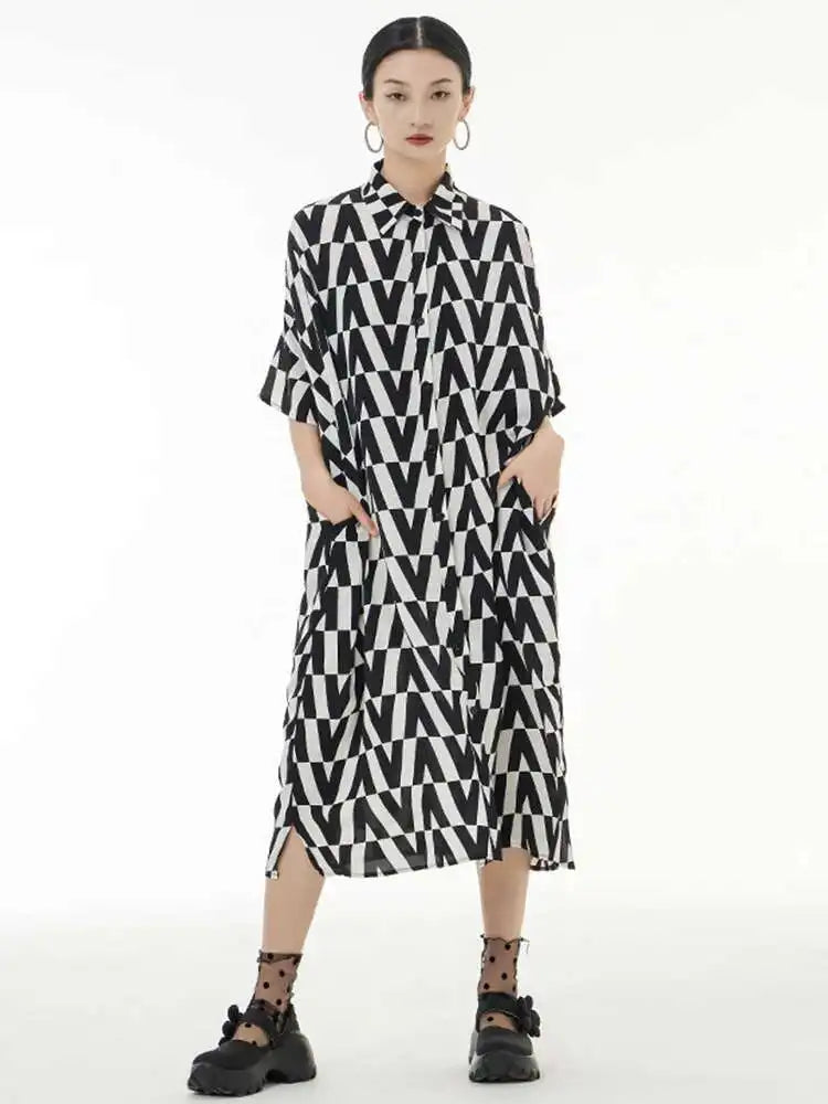 Women Black Pattern Printed Big Size Long Shirt Dress New Lapel Half Sleeve Loose Fit Fashion Spring Summer 2025 1DE9944