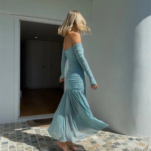 Load image into Gallery viewer, Off-shoulder Strapless Sexy Maxi Dress Women Summer New Patchwork Backless Long Sleeve Pleated Long Dress Elegant
