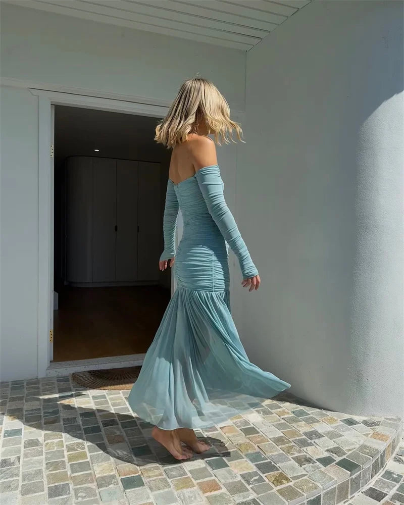 Off-shoulder Strapless Sexy Maxi Dress Women Summer New Patchwork Backless Long Sleeve Pleated Long Dress Elegant