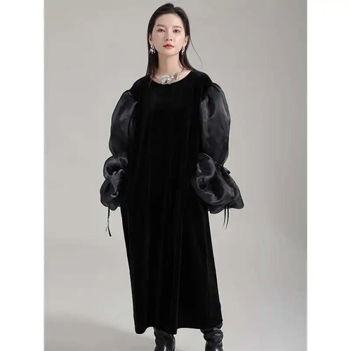 Load image into Gallery viewer, Women Black Organza Velvet Elegnat Big Size Dress New Round Neck Long Puff Sleeve Fashion Tide Spring Autumn 2025 1DH2248
