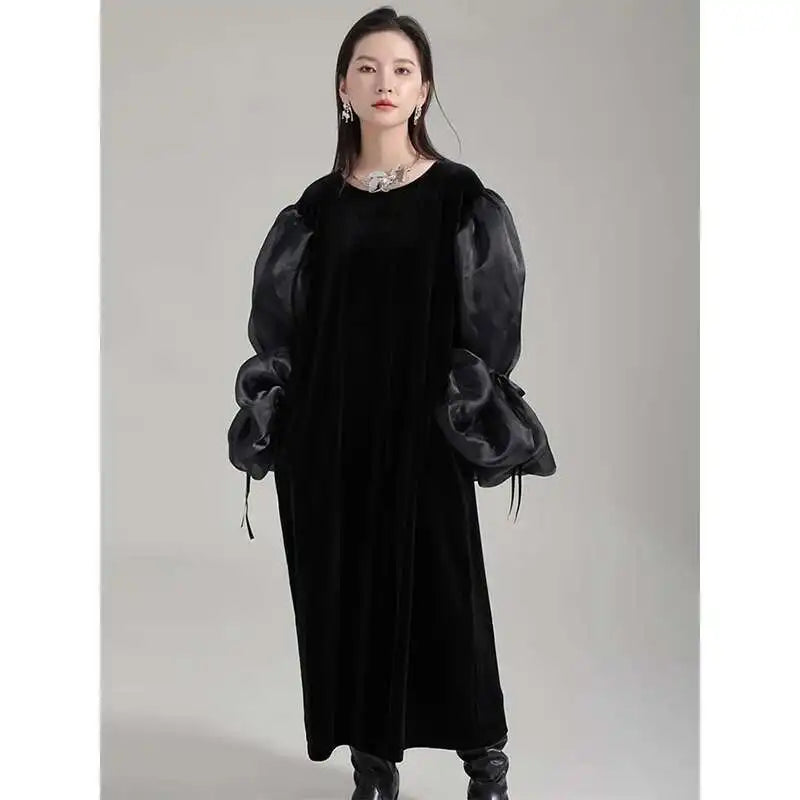 Women Black Organza Velvet Elegnat Big Size Dress New Round Neck Long Puff Sleeve Fashion Tide Spring Autumn 2025 1DH2248