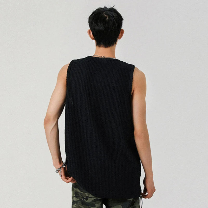 Loose Male Vest Loose Stripe Sleeveless T-shirt Pullover Solid Color T-shirts Men's Casual Top Summer Trend Handsome 9W1297