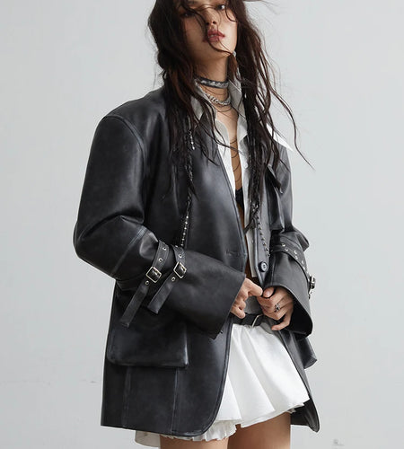 Loose Fit Black Pocket Big Size PU Leather Jacket New Lapel Long Sleeve Women Coat Fashion Tide Spring Autumn 2025 1DH2883