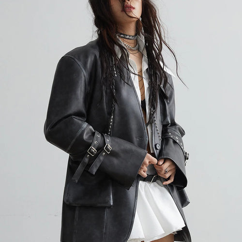 Load image into Gallery viewer, Loose Fit Black Pocket Big Size PU Leather Jacket New Lapel Long Sleeve Women Coat Fashion Tide Spring Autumn 2025 1DH2883
