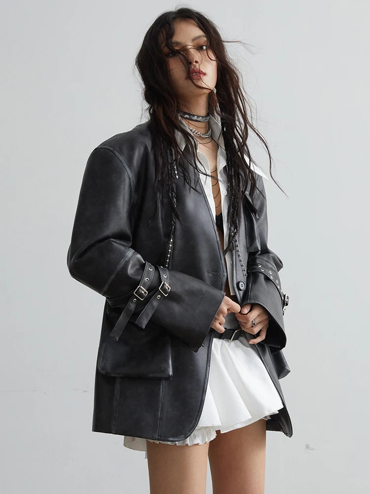 Loose Fit Black Pocket Big Size PU Leather Jacket New Lapel Long Sleeve Women Coat Fashion Tide Spring Autumn 2025 1DH2883