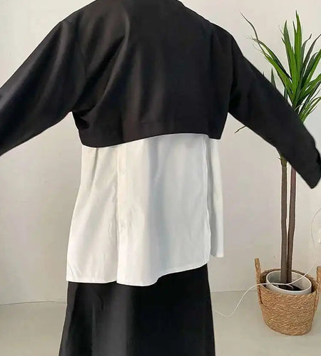 Women Black Short Irregular Big Size Blouse New Lapel Long Sleeve Loose Fit Shirt Fashion Tide Spring Autumn 2025 1DF0350