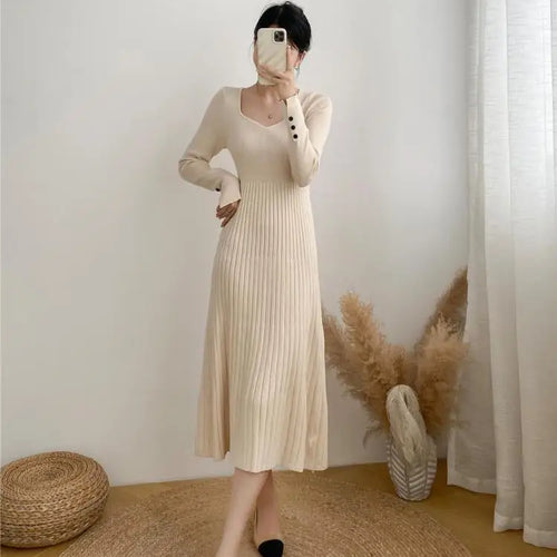 Load image into Gallery viewer, Women Autumn Beige Elegant Knit Long Dress Square V Neck Slim Bodycon Sweater Dress Winter Black Long Sleeves Dresses New French
