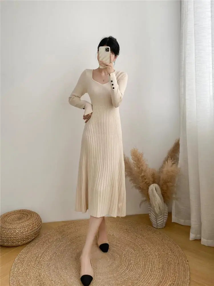 Women Autumn Beige Elegant Knit Long Dress Square V Neck Slim Bodycon Sweater Dress Winter Black Long Sleeves Dresses New French