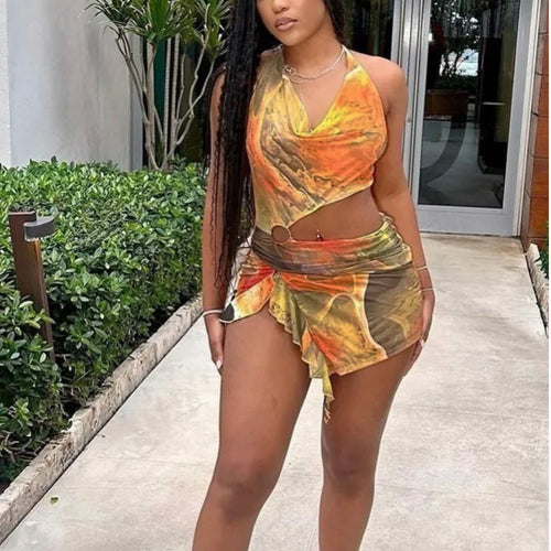 Load image into Gallery viewer, Sexy Hanging Collar 2024 Summer Irregular Tie Dye Hollow Out Dress Women's Mesh Print Lace Up Dress Beach Party Clothing
