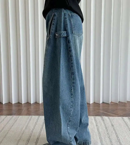High Waist Blue Denim Shaped Buckle Long Casual Wide Leg Jeans New Women Trousers Fashion Tide Spring Autumn 2025 1DH9091