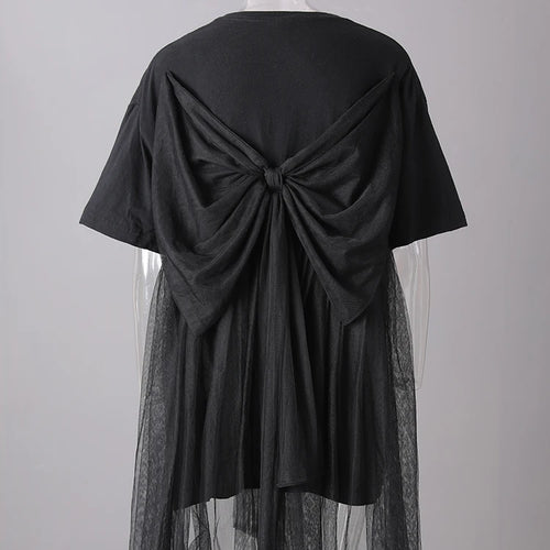 Load image into Gallery viewer, Women Black Mesh Bow Spliced Big Size Long T-shirt New Round Neck Short Sleeve Fashion Tide Spring Summer 2025 CPG3032
