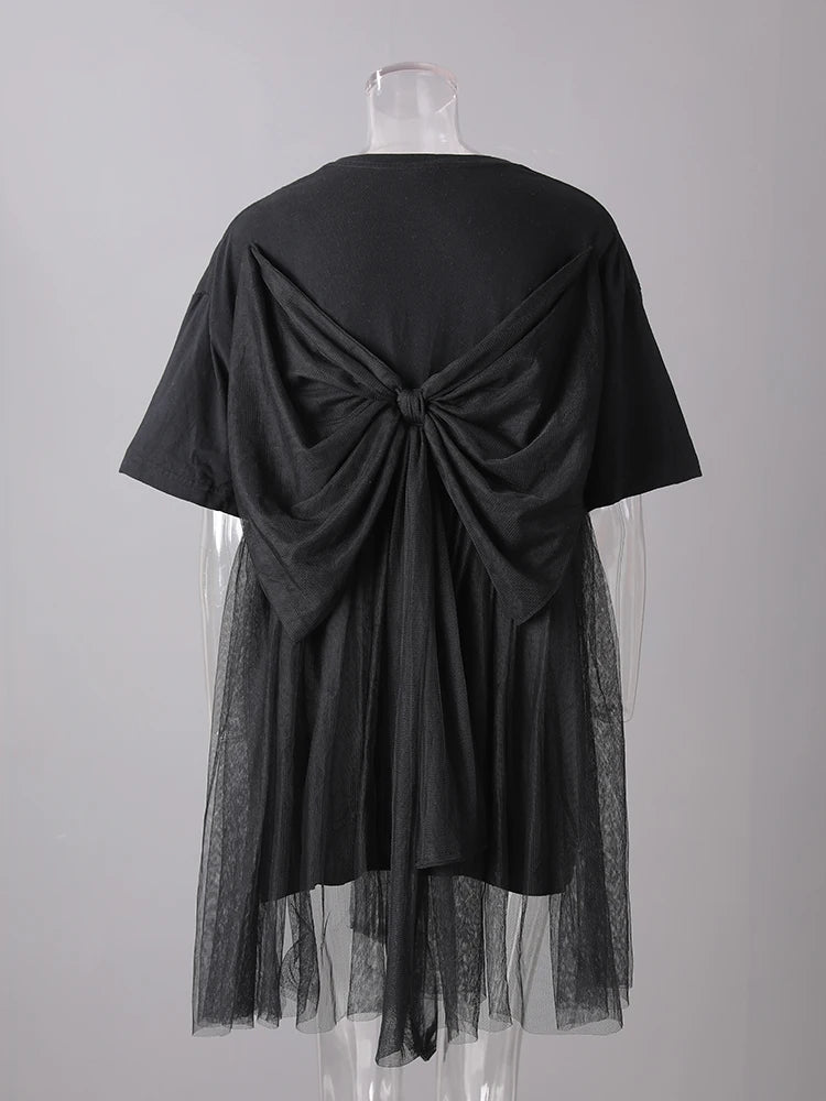 Women Black Mesh Bow Spliced Big Size Long T-shirt New Round Neck Short Sleeve Fashion Tide Spring Summer 2025 CPG3032