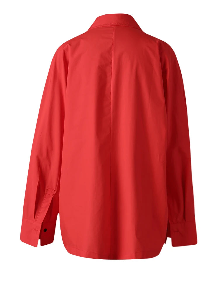 Women Red Irregular Button Big Size Casual Blouse New Lapel Long Sleeve Shirt Fashion Tide Spring Autumn 2025 CPG3125