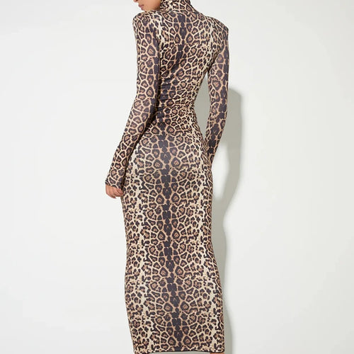 Load image into Gallery viewer, Leopard Print Long Sleeve Sexy Maxi Dress For Women Autumn Winter Fashion Elegant Turtleneck Printed Bodycon Long Dress
