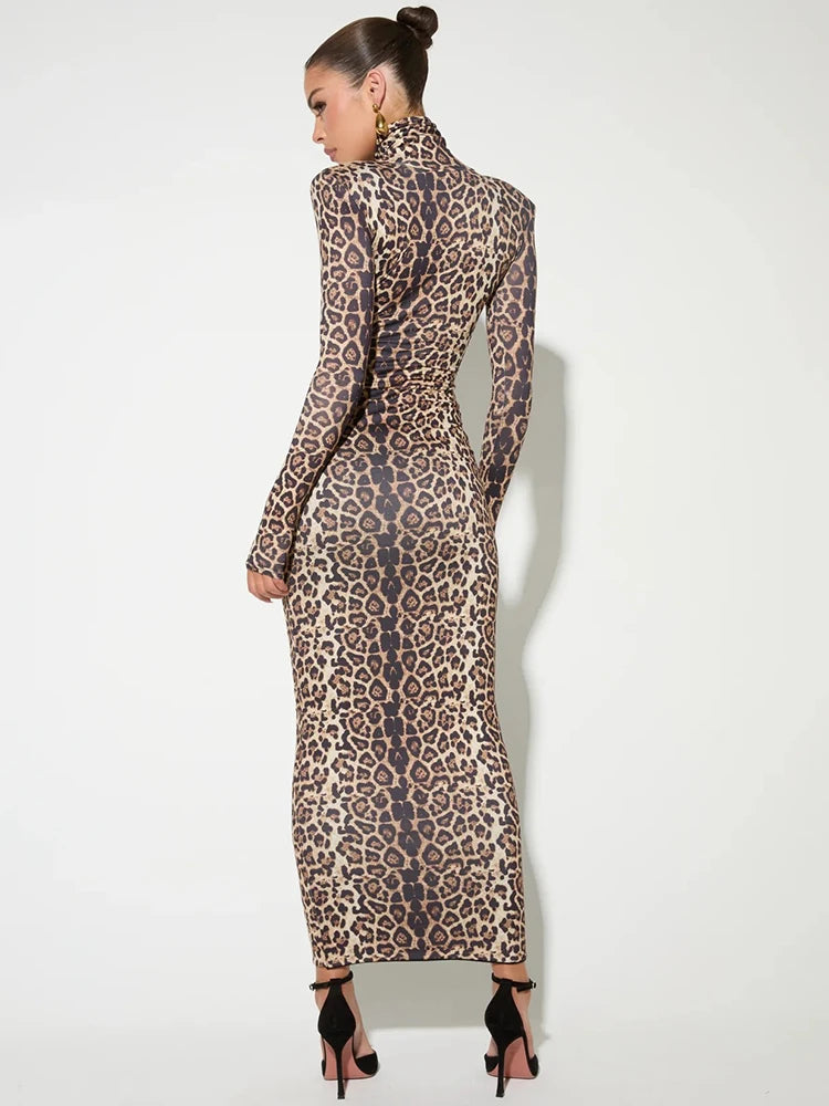 Leopard Print Long Sleeve Sexy Maxi Dress For Women Autumn Winter Fashion Elegant Turtleneck Printed Bodycon Long Dress