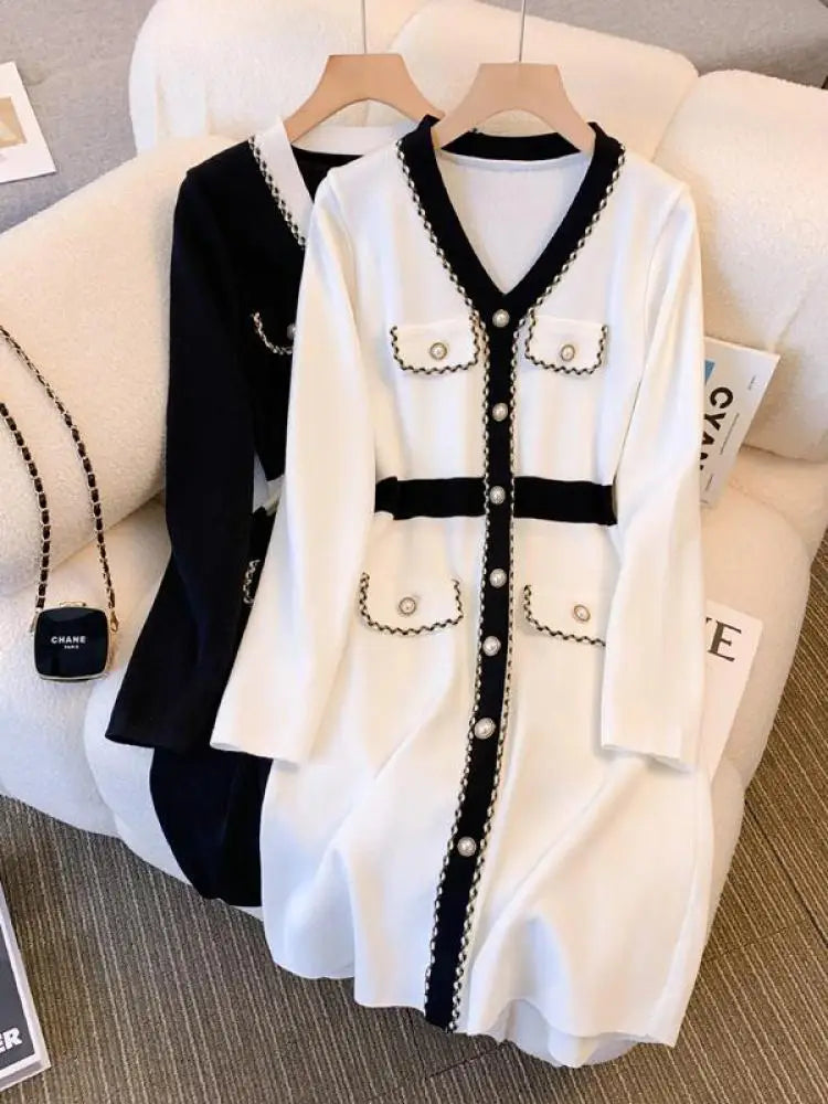 Autumn Winter Black White Patchwork Long Sleeves Knitted Dress French Women's Elegant Single Breasted Office Dress Fashion Trend