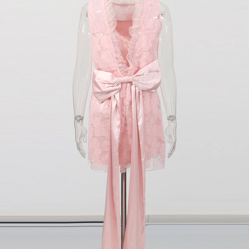 Load image into Gallery viewer, Solid Loose Spliced Embroidery Dresses for Women Round Neck Sleeveless Patchwork Bowknot Mini Dress Female Clothing
