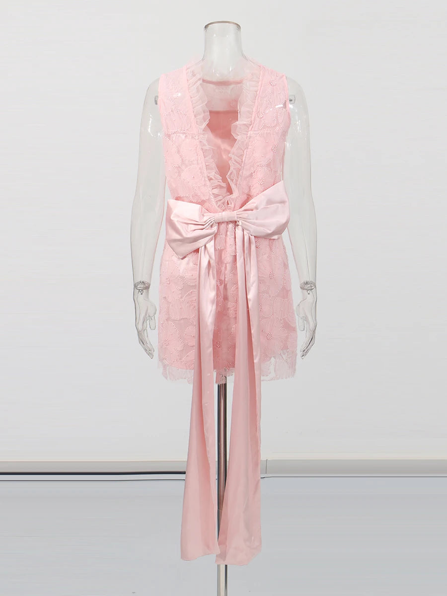 Solid Loose Spliced Embroidery Dresses for Women Round Neck Sleeveless Patchwork Bowknot Mini Dress Female Clothing