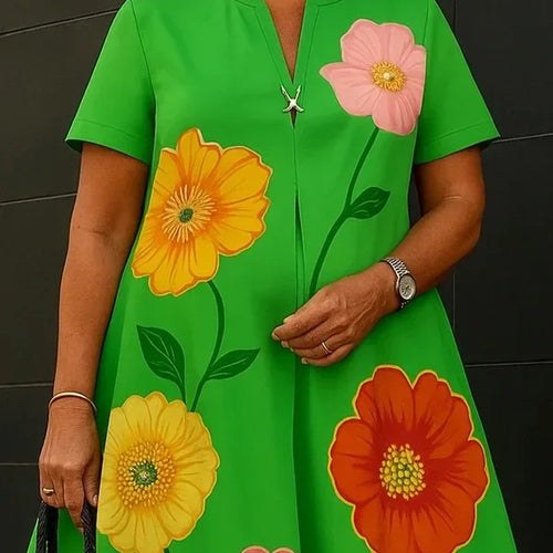 Load image into Gallery viewer, Summer Casual Flower Print A-line Flared Dresses for Womens Shorts Sleeves V-neck Woman Oversize Dresses 2025 New
