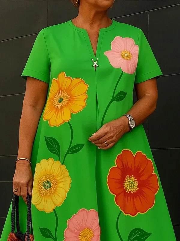 Summer Casual Flower Print A-line Flared Dresses for Womens Shorts Sleeves V-neck Woman Oversize Dresses 2025 New