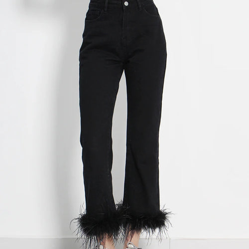 Load image into Gallery viewer, Black Patchwork Feathers Pants For Women High Waist Solid Minimalist Trousers Female Korean Fashion Clothing Style
