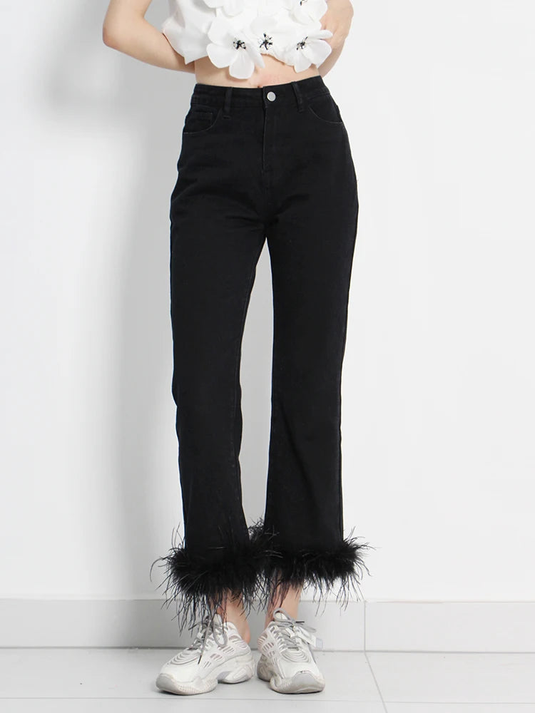 Black Patchwork Feathers Pants For Women High Waist Solid Minimalist Trousers Female Korean Fashion Clothing Style