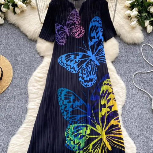 Load image into Gallery viewer, French Retro Women Black Butterfly V Neck Short Sleeved Long Dress Summer White Print Elegant Loose Vacation Pleated Dress Trend
