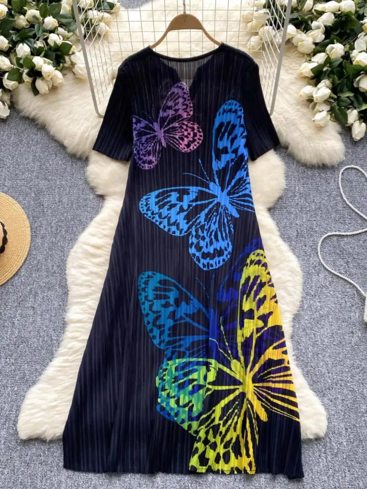 French Retro Women Black Butterfly V Neck Short Sleeved Long Dress Summer White Print Elegant Loose Vacation Pleated Dress Trend