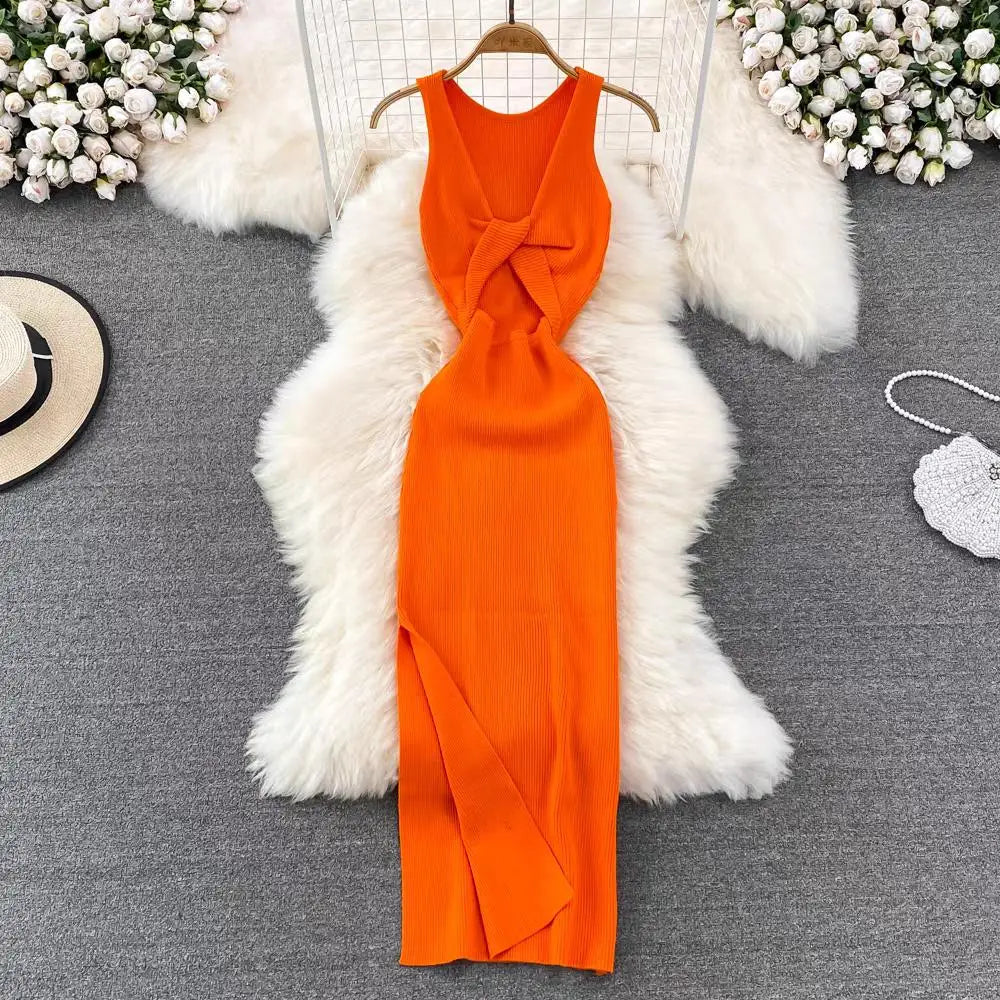 Fashion Women's Solid V Neck Elegant Sexy Club Slim Vest Long Dress Summer Vacation Backless Sleeveless Split Knitted Dress Chic