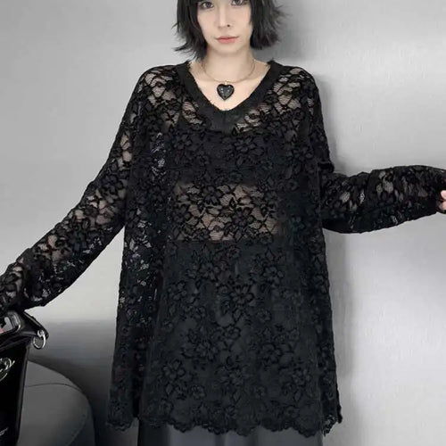 Load image into Gallery viewer, Women Black Lace Perspective Big Size Elegant T-shirt New V-Neck Long Sleeve Fashion Tide Spring Autumn 2025 1DH8612
