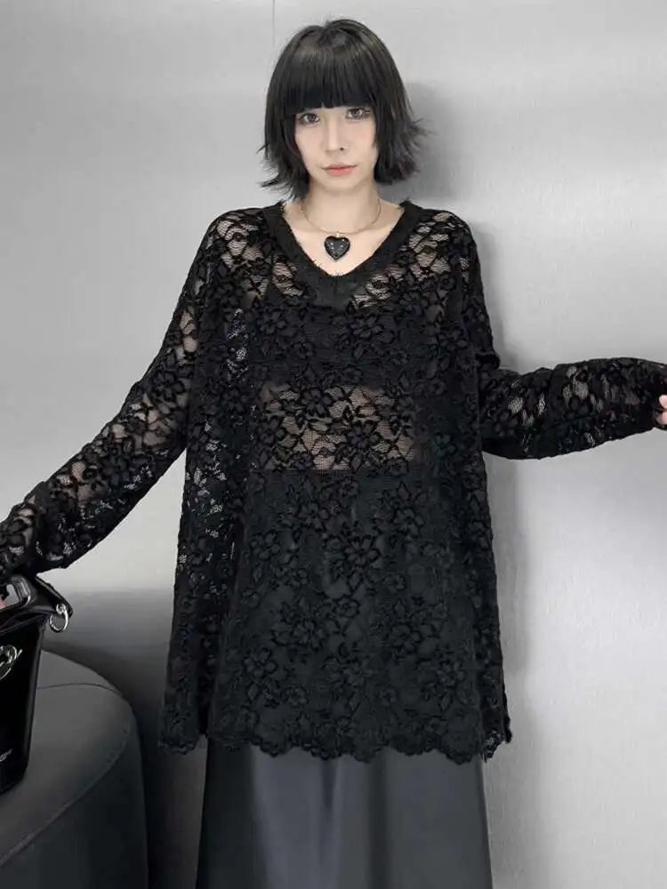 Women Black Lace Perspective Big Size Elegant T-shirt New V-Neck Long Sleeve Fashion Tide Spring Autumn 2025 1DH8612