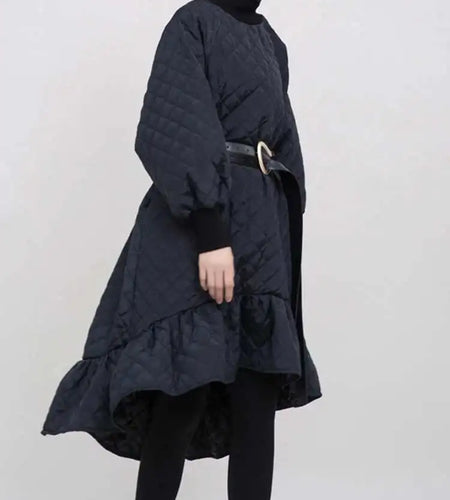 Women Black Cotton-padded Ruffles Dress New Turtleneck Long Sleeve Loose Fit Fashion Tide Autumn Winter 2025 1M9310