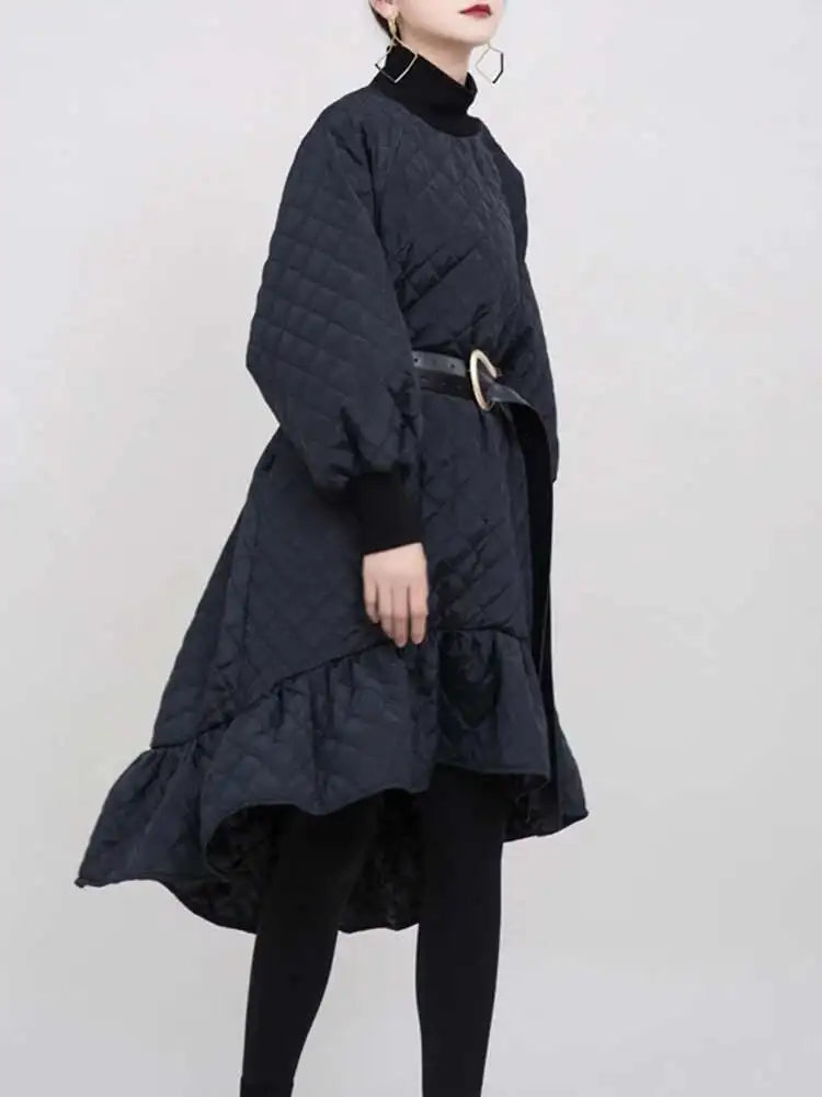 Women Black Cotton-padded Ruffles Dress New Turtleneck Long Sleeve Loose Fit Fashion Tide Autumn Winter 2025 1M9310