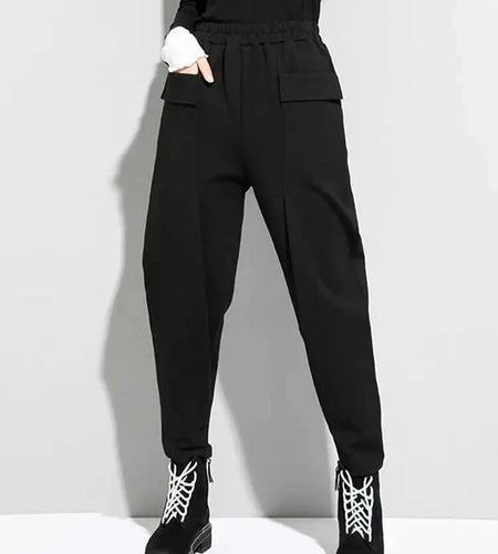 High Elastic Waist Black Pockets Casual Harem Pants New Loose Fit Trousers Women Fashion Tide Spring Autumn 2025 1DF4709