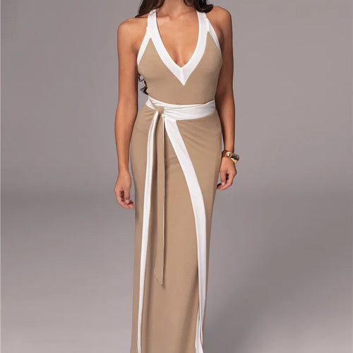 Load image into Gallery viewer, Patchwork Backless Sexy Maxi Dress  Women Fashion Spaghetti Strap V Neck Sleeveless High Split Sexy Long Dress Elegant
