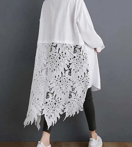 Women Black Back Lace Big Size Long Blouse New Stand Collar Long Sleeve Shirt Fashion Tide Spring Autumn 2025 1DH5873
