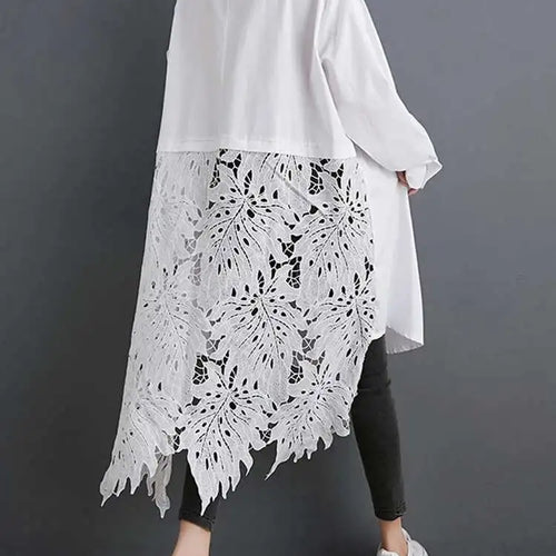 Load image into Gallery viewer, Women Black Back Lace Big Size Long Blouse New Stand Collar Long Sleeve Shirt Fashion Tide Spring Autumn 2025 1DH5873
