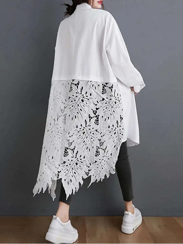 Women Black Back Lace Big Size Long Blouse New Stand Collar Long Sleeve Shirt Fashion Tide Spring Autumn 2025 1DH5873