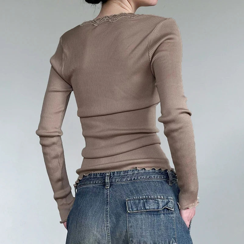 Elegant Y2K V Neck Knitted Female T-shirt Lace Trim Long Sleeve Tees Slim Korean Fashion Buttons Autumn Top Clothing
