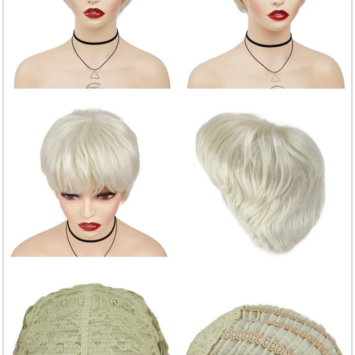 Load image into Gallery viewer, Synthetic Hair Natural Short Wigs for Women Platinum Blonde Wig with Bangs Ladies Hairstyles Wig with Weaving Cap
