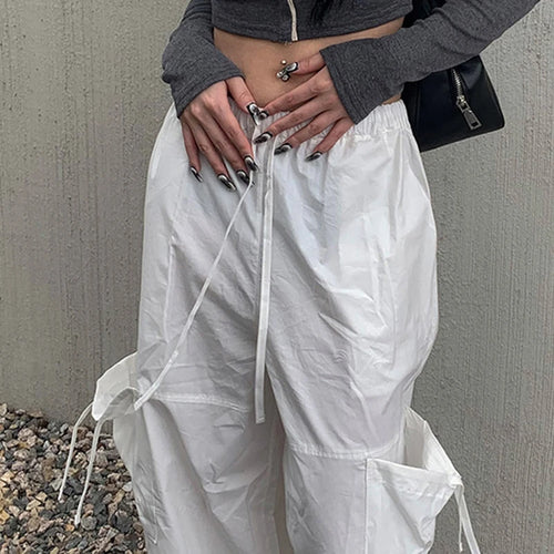 Load image into Gallery viewer, Casual White Drawstring Ribbon Cargo Trousers Women Harajuku Korean Straight Baggy Pants Pockets Tech Sporty Outfits
