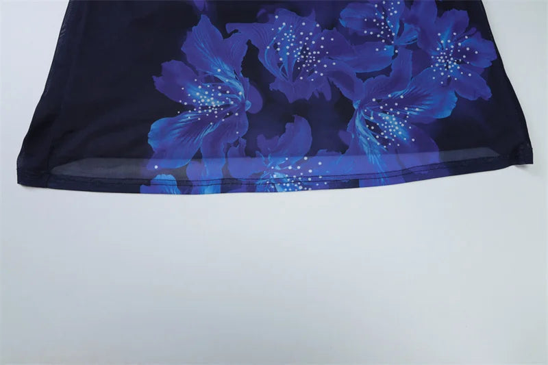 Deep V Neck Print Sexy Maxi Dress Women Gown Blue Halter Sleeveless Backless High Waist Split Long Dress Clubwear