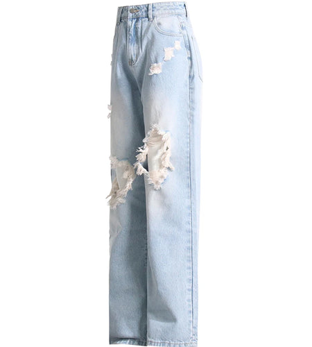 Hollow Out Jeans For Women Hihg Waist Spliced Button Loose Temperament Wide Leg Pnats Female Fashion Clothing