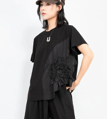 Women Black Pleated Irregular Big Size Casual T-shirt New Round Neck Short Sleeve Fashion Tide Spring Summer 2025 1DJ1030