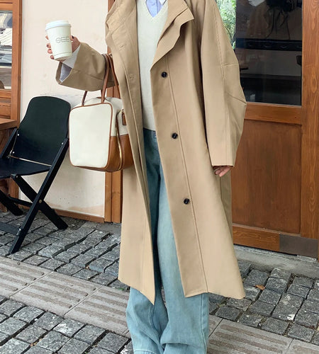 Women Khaki Double Layers Big Size Long Trench New Lapel Long Sleeve Windbreaker Fashion Tide Spring Autumn 2025 1DH9732