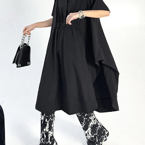 Load image into Gallery viewer, Women Black Side Slit Irregular Big Size Midi Shirt Dress New Lapel Short Sleeve Fashion Tide Spring Summer 2025 1DJ1121

