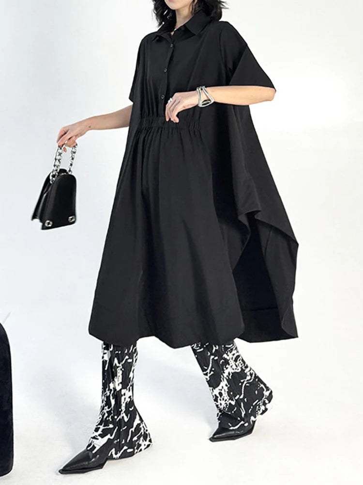 Women Black Side Slit Irregular Big Size Midi Shirt Dress New Lapel Short Sleeve Fashion Tide Spring Summer 2025 1DJ1121