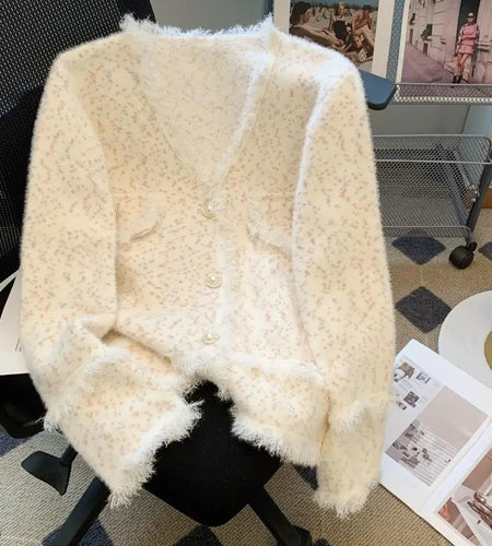 Autumn Winter French White Print V Neck Tassel Elegant Knitted Cardigan Tops Women Single Breasted Long Sleeve Mink Sweater Chic